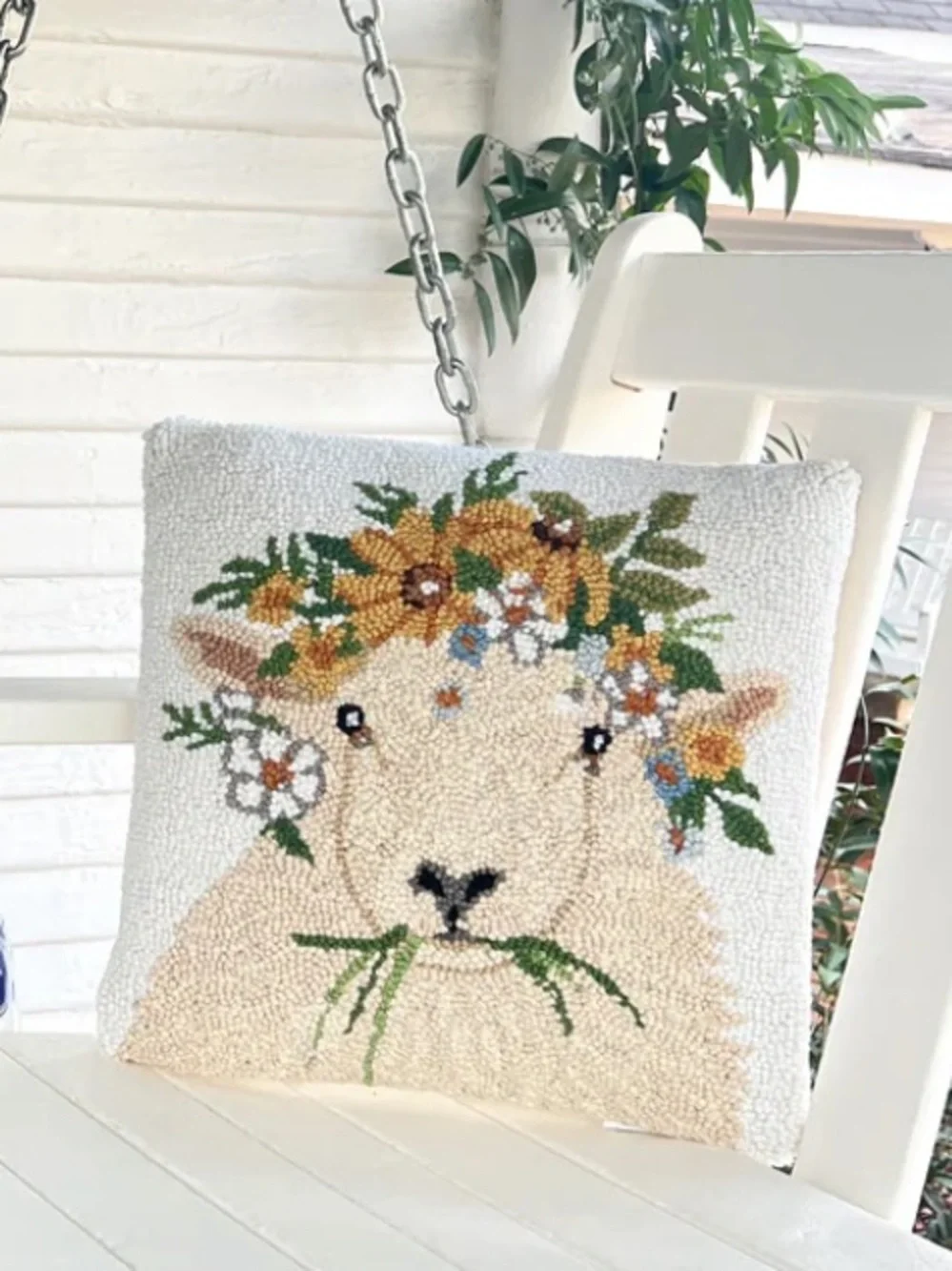 Sheep Hooked Wool Pillow with Velvet Backing
